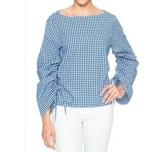 GAP Blue White Gingham Print Ruched 3/4 Sleeve Cotton Boatneck Blouse Size Small